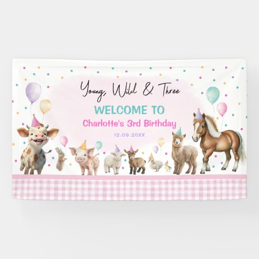 Girly Farm Animes | Young Wild & Three Birthday Banner (Horizontal)