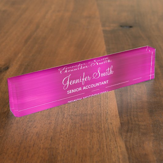 Girly Faux Hot Pink Foil Name and Job Title Namensplakette (Seite)
