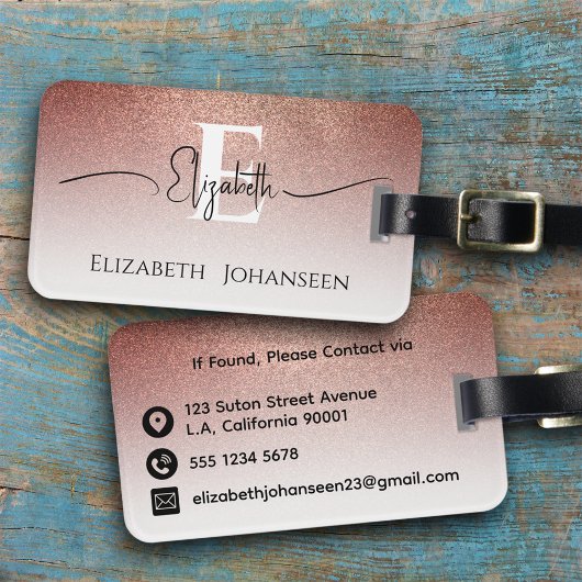 Girly Feminine Rose Gold Glitzer White Mit Monogra Gepäckanhänger