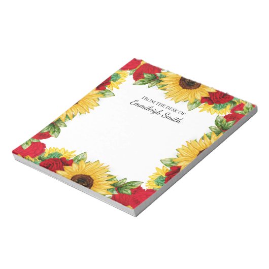 Girly Feminine Sonnenblumen Rose aus dem Schreibti Notizblock (Rotiert)