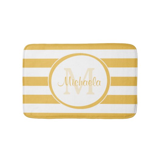 Girly feste gelbe Streifen mit mit Monogramm Namen Badematte (Vorderseite)