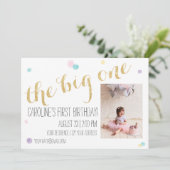 Girly First Birthday Einladung - Glitzer Gold (Stehend Vorderseite)