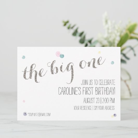 Girly First Birthday Einladung - Silber (Stehend Vorderseite)