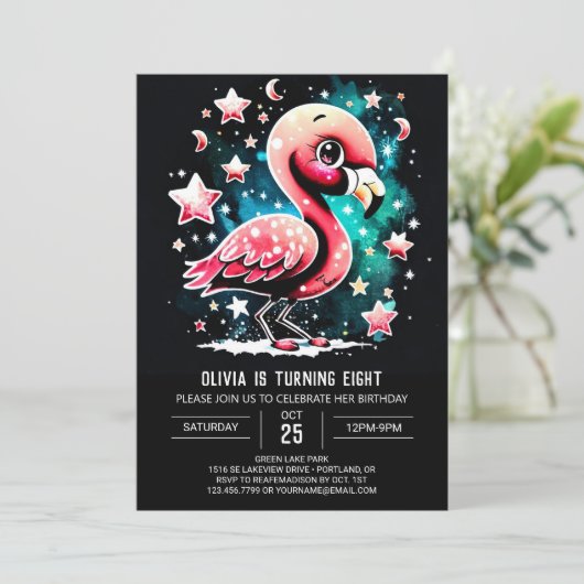 Girly Flamingo Custom Geburtstag Einladung (Stehend Vorderseite)