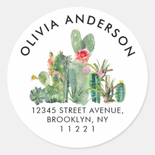 Girly Floral Cactus Cacti Sukkulente Rücksendeadre Runder Aufkleber (Vorderseite)