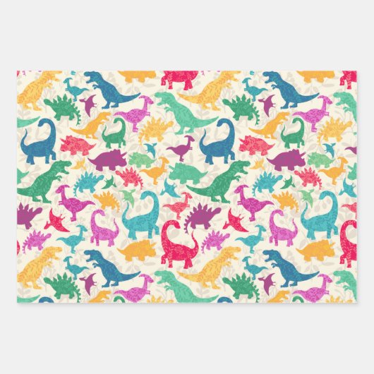 Girly Floral Dinosaur Silhouette Maximal Folk Geschenkpapier Set (Vorderseite 2)