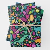 Girly Floral Dinosaur Silhouette Maximal Folk Geschenkpapier Set (Beispiel)