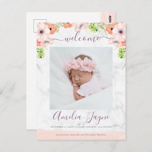 Girly Floral Marble Foto Geburtserklärung Postkarte (Vorne/Hinten)