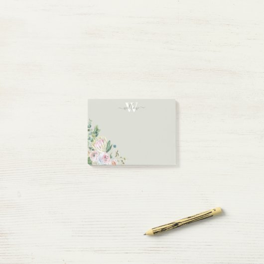 Girly Floral Monogram Greenerity Post-It Notes Klebezettel (Auf Schreibtisch)