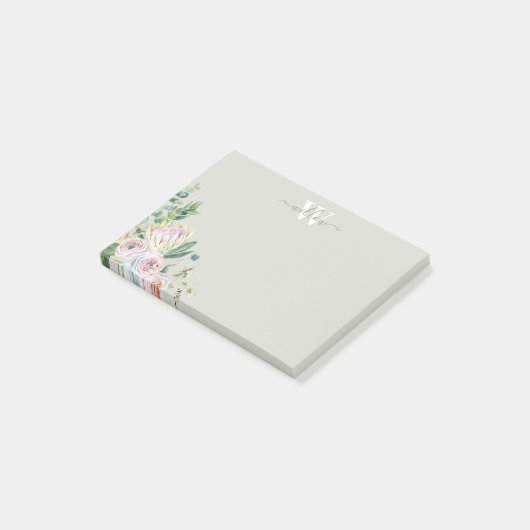 Girly Floral Monogram Greenerity Post-It Notes Klebezettel (angewinkelt)