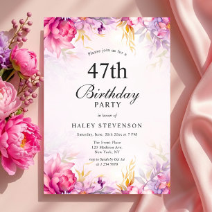 Girly Floral Pastel Watercolor Chic 47. Geburtstag Einladung