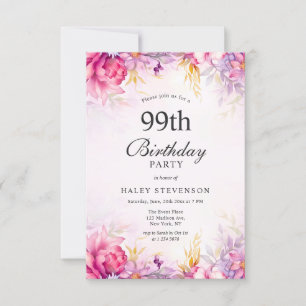 Girly Floral Pastel Watercolor Chic 99. Geburtstag Einladung