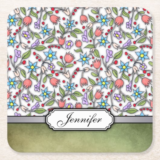 Girly Floral Pattern: Personalizable Rechteckiger Pappuntersetzer (Vorderseite)