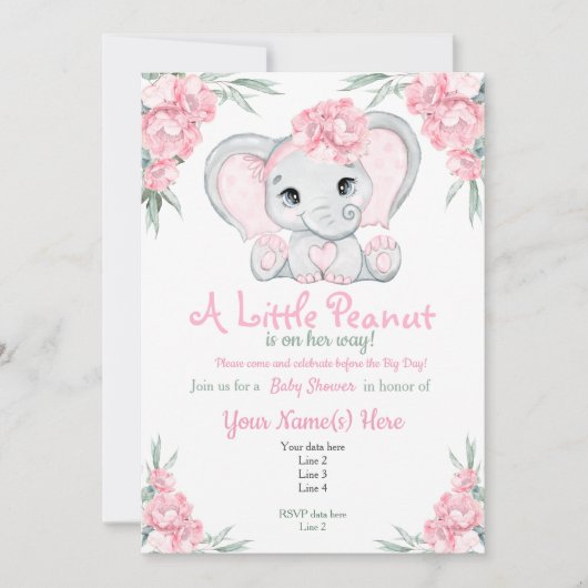 Girly Floral Pink Elephant Baby Dusche Einladung (Vorderseite)