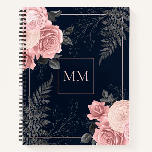 Girly Floral Pink und Navy Spiral Notebook Notizblock (Vorderseite)