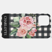 Girly Floral Schwarz-weiß Buffalo Karierter Name iPhone Hülle (Hinten horizontal)