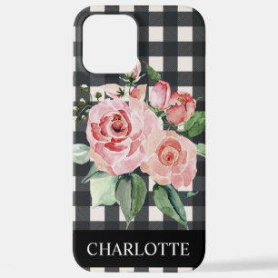 Girly Floral Schwarz-weiß Buffalo Karierter Name iPhone 12 Pro Max Hülle
