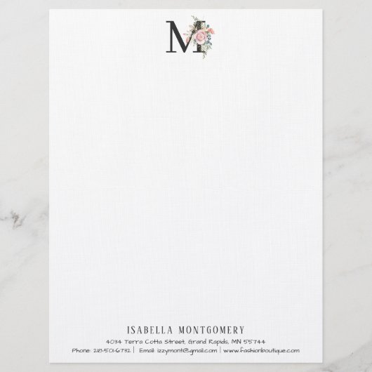 Girly Floral Watercolor Boho | Monogramm Briefbogen (Vorderseite)