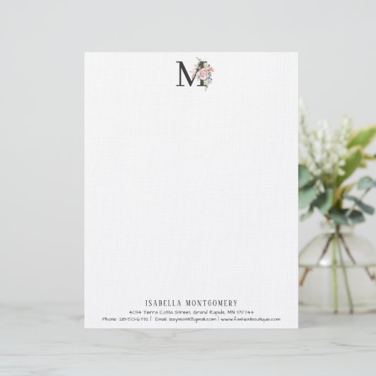 Girly Floral Watercolor Boho | Monogramm Briefbogen (Stehend Vorderseite)
