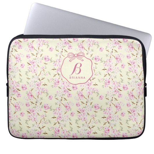 Girly Floral Yellow Pink Bow Coquette Monogram Laptopschutzhülle (Vorderseite)