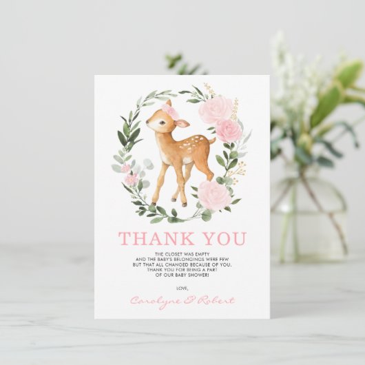 Girly Forest Deer Fawn Woodland Greenerity Baby Dankeskarte (Stehend Vorderseite)