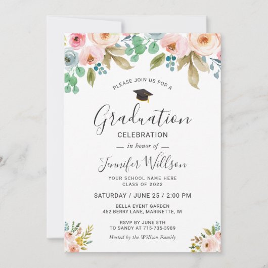 Girly Foto Graduation Party für Wasserfarben Einladung (Vorderseite)