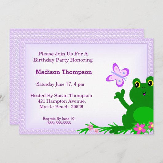 Girly Frog Geburtstagsparty Einladung (Vorne/Hinten)