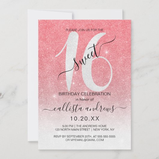 Girly Funkelnd Coral White Glitzer Ombre Sweet 16 Einladung (Vorderseite)