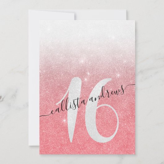 Girly Funkelnd Coral White Glitzer Ombre Sweet 16 Einladung (Rückseite)