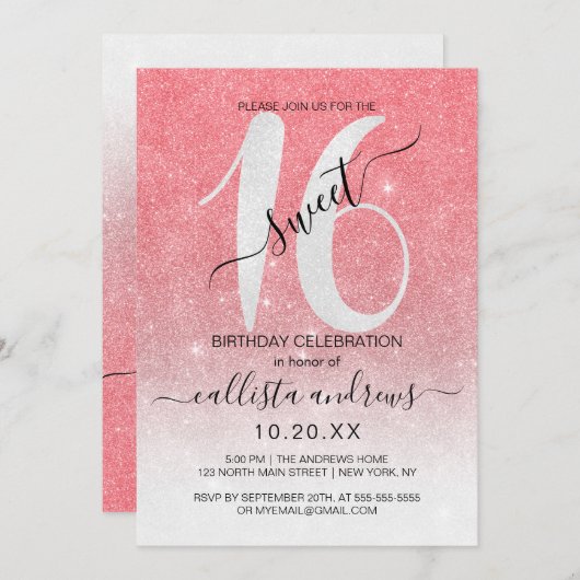 Girly Funkelnd Coral White Glitzer Ombre Sweet 16 Einladung (Vorne/Hinten)