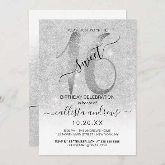 Girly Funkelnd Silver White Glitzer Ombre Sweet 16 Einladung (Vorne/Hinten)