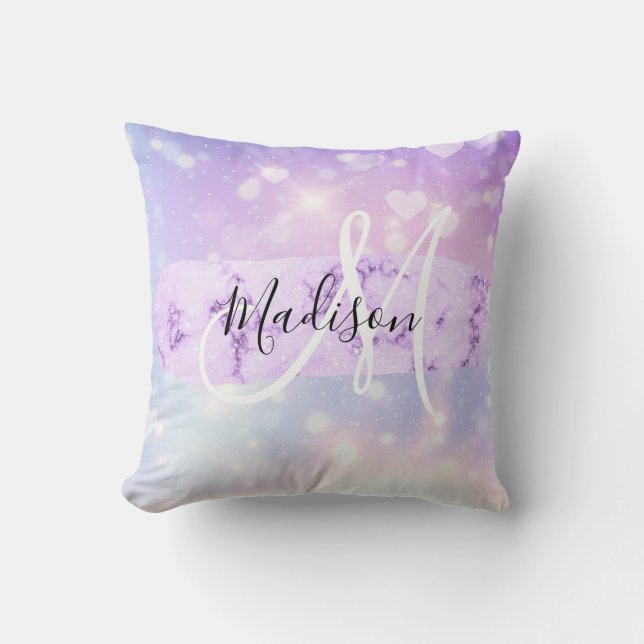 Girly Funkelnd Unicorn Rainbow Hearts Monogram Kissen (Vorderseite)