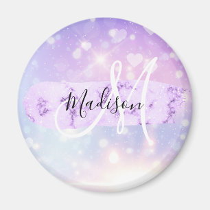 Girly Funkelnd Unicorn Rainbow Hearts Monogram Magnet