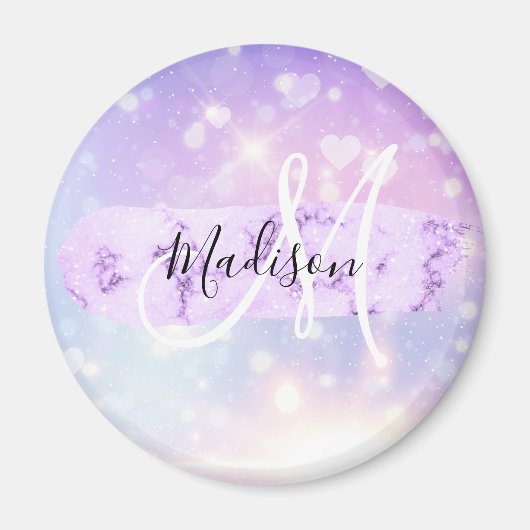 Girly Funkelnd Unicorn Rainbow Hearts Monogram Magnet (Vorne)