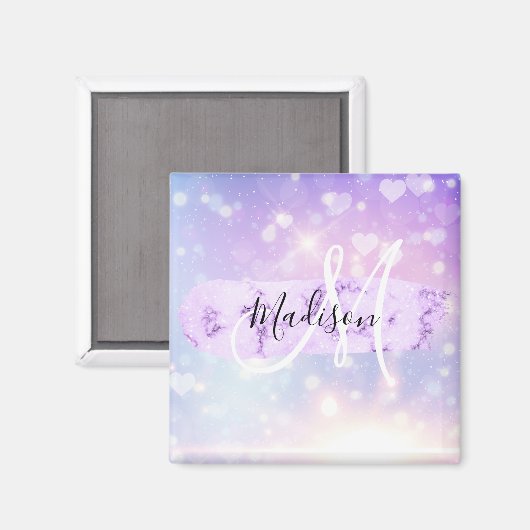 Girly Funkelnd Unicorn Rainbow Hearts Monogram Magnet (Vorderseite/Rückseite)