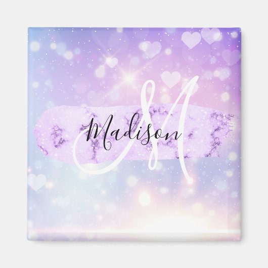 Girly Funkelnd Unicorn Rainbow Hearts Monogram Magnet (Vorne)