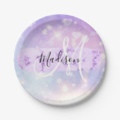 Girly Funkelnd Unicorn Rainbow Hearts Monogram Pappteller (Vorderseite)