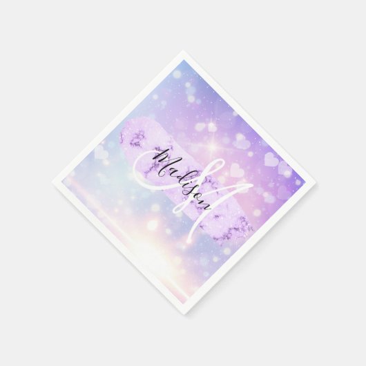 Girly Funkelnd Unicorn Rainbow Hearts Monogram Serviette (Ecke)