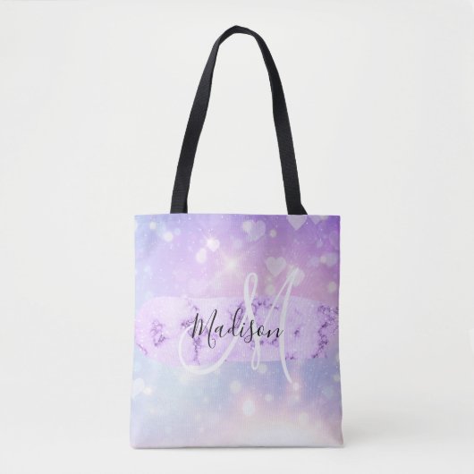 Girly Funkelnd Unicorn Rainbow Hearts Monogram Tasche (Vorderseite)