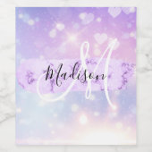 Girly Funkelnd Unicorn Rainbow Hearts Monogram Weinetikett (Einzelnes Label)