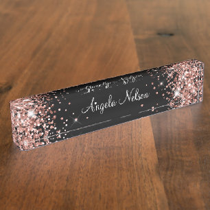 Girly Funkelndes Roségold Glitter Schwarz Namensplakette