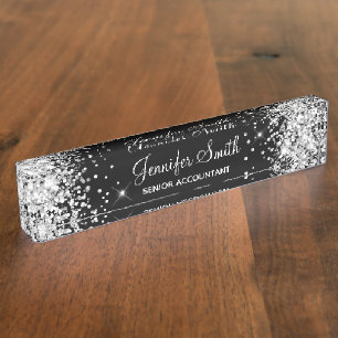 Girly Funky Silber Glitter Schwarz Namensplakette