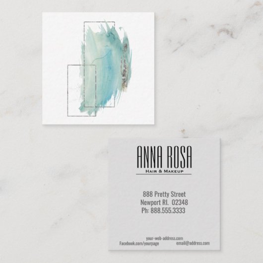 *~* Girly geometrisches Türkis-u. Silber-Aquarell Quadratische Visitenkarte (Vorne/Hinten)