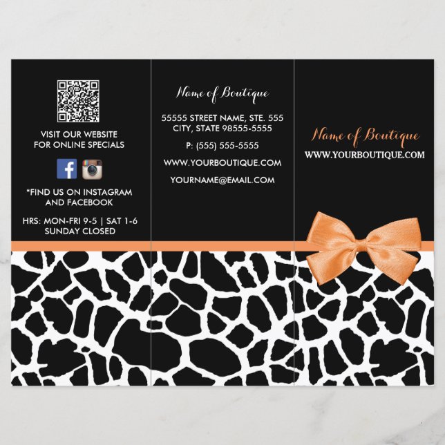 Girly Giraffe Print Orange Bow Boutique Broschüre (Vorderseite)