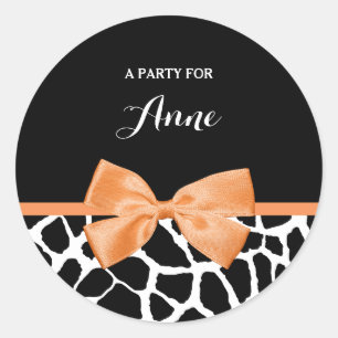 Girly Giraffe Print Orange Ribbon Bow mit Namen Runder Aufkleber