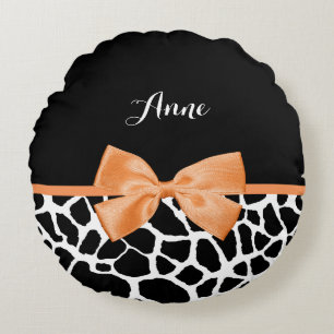 Girly Giraffe Print Orange Ribbon Bow mit Namen Rundes Kissen