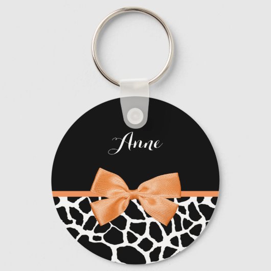 Girly Giraffe Print Orange Ribbon Bow mit Namen Schlüsselanhänger (Vorderseite)