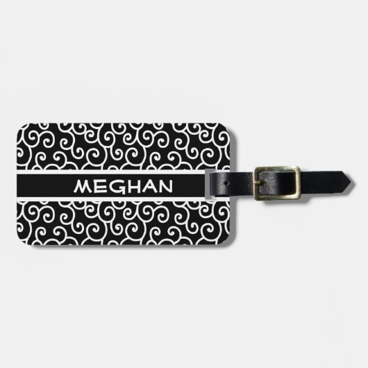 Girly-Girl Black and White Curlicue Personalisiert Gepäckanhänger (Vorderseite horizontal)