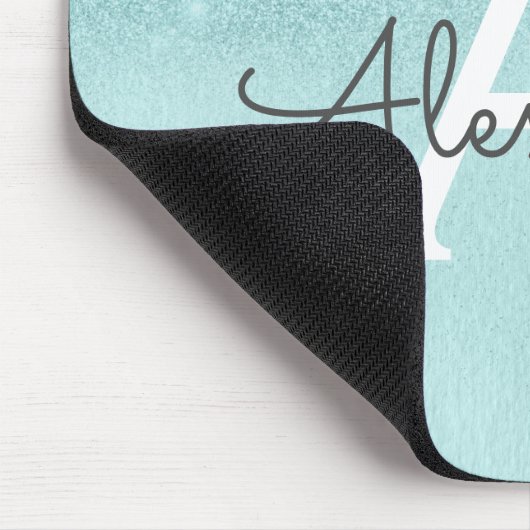 Girly Glam Aquamarin Blue Glitzer Monogram Ombre Mousepad (Ecke)