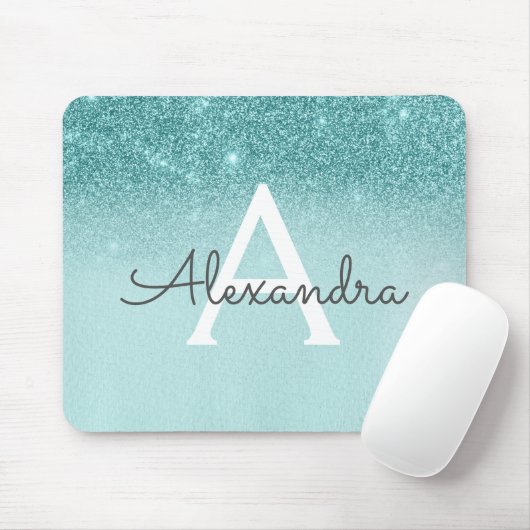 Girly Glam Aquamarin Blue Glitzer Monogram Ombre Mousepad (Mit Mouse)